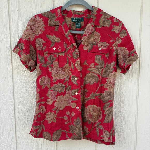 Lauren Ralph Lauren Linen Camp Shirt Women's Small Petite Red Floral Utility - Picture 1 of 8